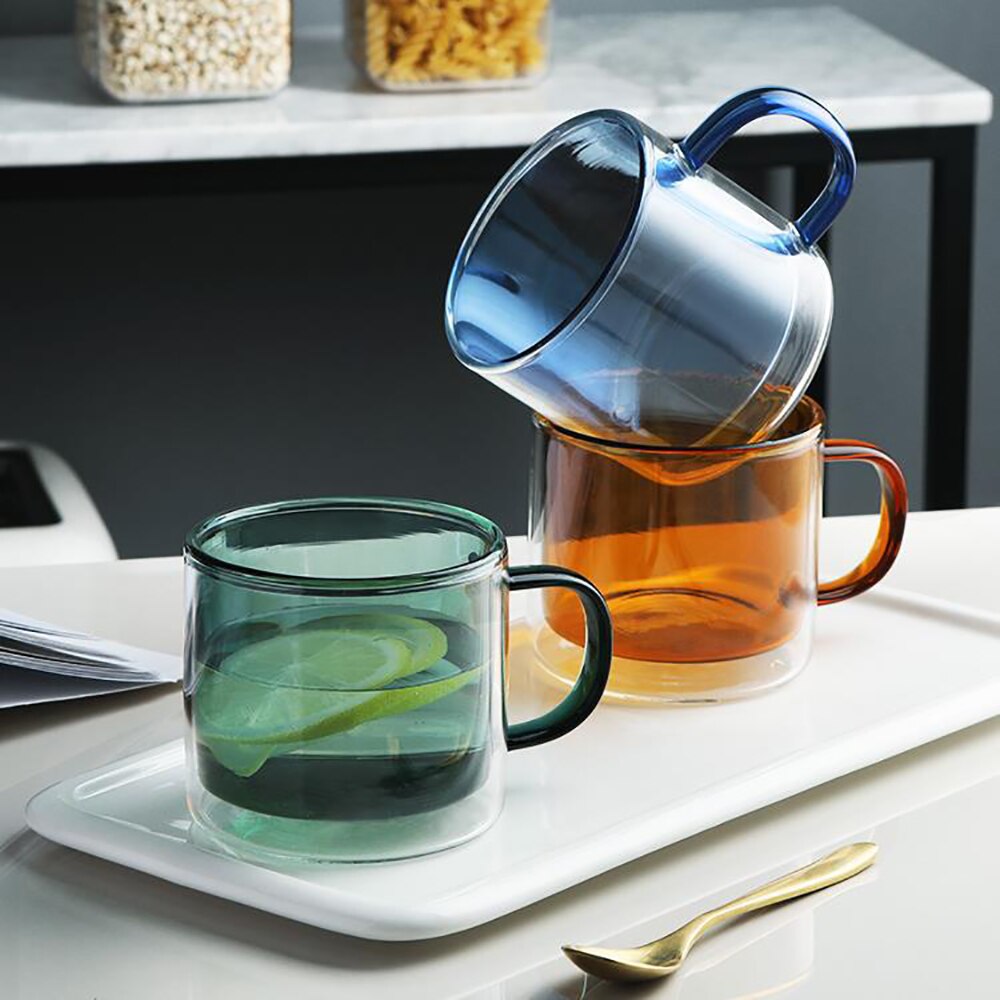 Vasos dobles de Color hechos a mano, tazas de cristal de borosilicato de alta resistencia al calor para el desayuno, tazas de 250ml para café, leche, jugo, avena