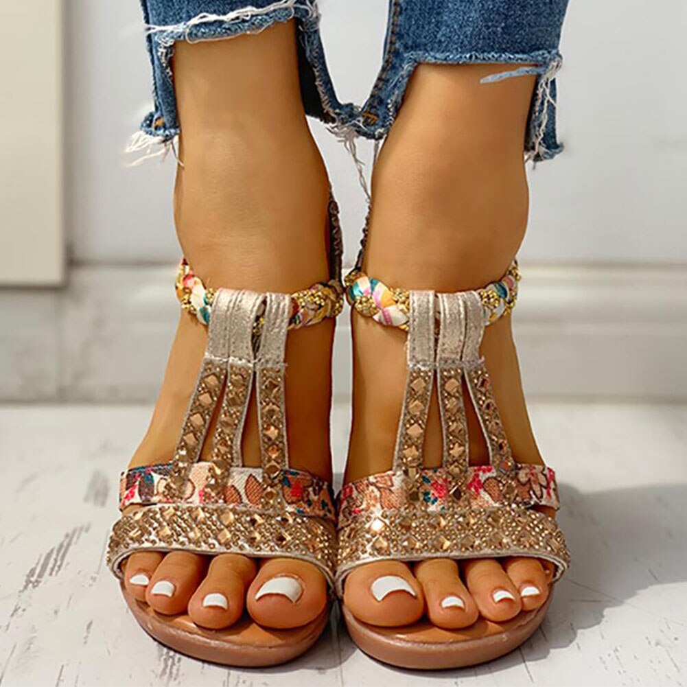 Gladiator Sleehak Elastische Band Kristallen Zomer Vrouwen Schoenen Vrouw Sandalen Strand Sandalen