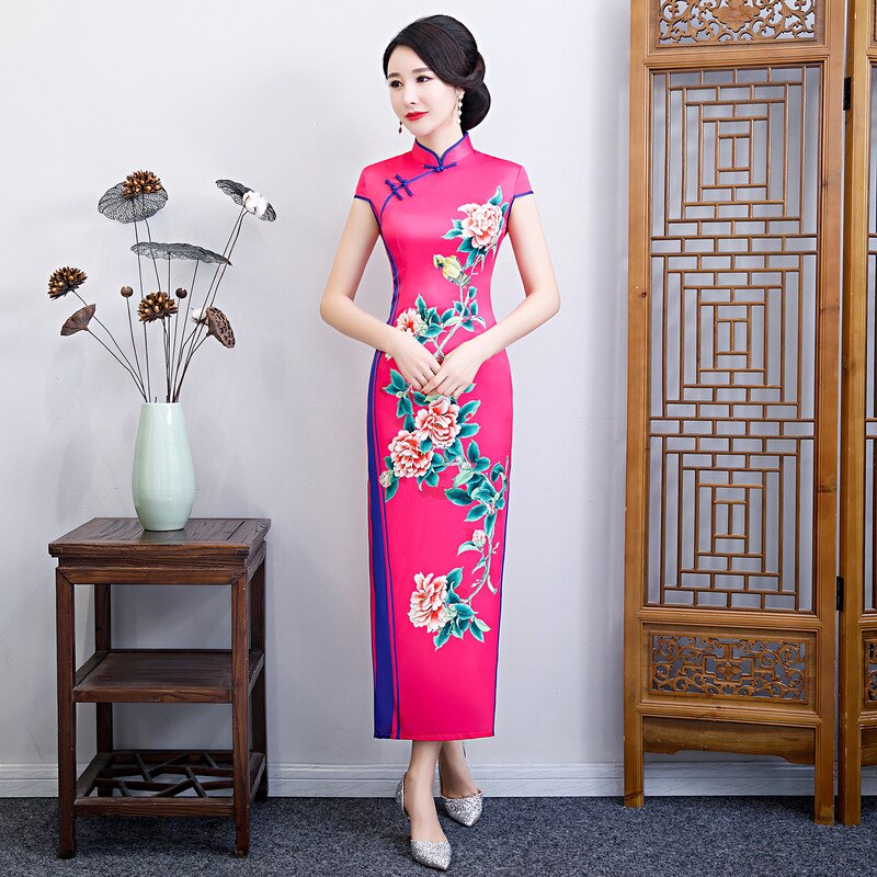 Plus størrelse 6xl kvindelig satin traditionel kinesisk kjole print med korte ærmer qipao vintage orientalsk cheongsam
