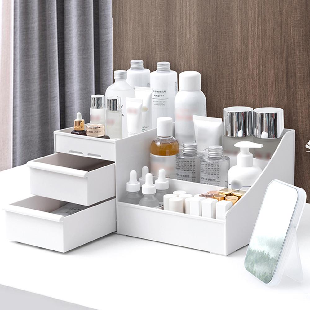 Clear Desk Organizer ith Two Sliding Drawers Plastic Individual Compartments Stationary Cosmetics Organizer Container Holder: M