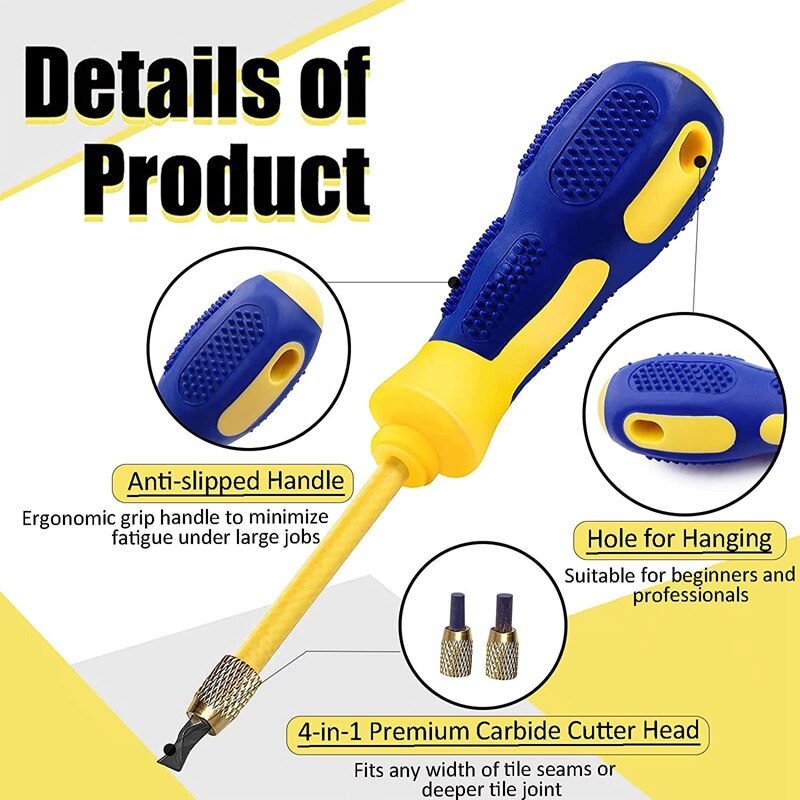 Practical 4 in 1 Tile Grout Remover Grout Scraping Rake Tool with 2 Carbide Alloy Head Grout Remover Scraper (0.8mm,2mm,3mm,4mm