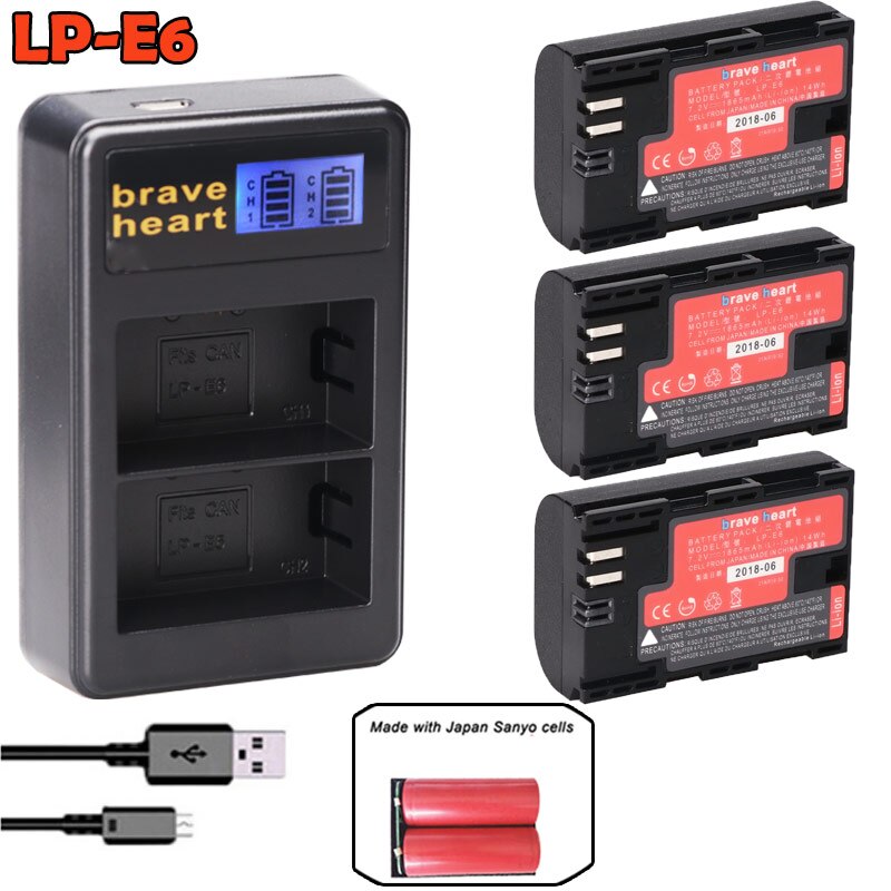 Bateria lp -e6 lp e6 lpe 6n kamera batteri japan sanyo cell + led usb dubbel laddare för canon eos 5ds r 5d mark  ii 5d 6d 7d 80d: Laddare och 3 batterier