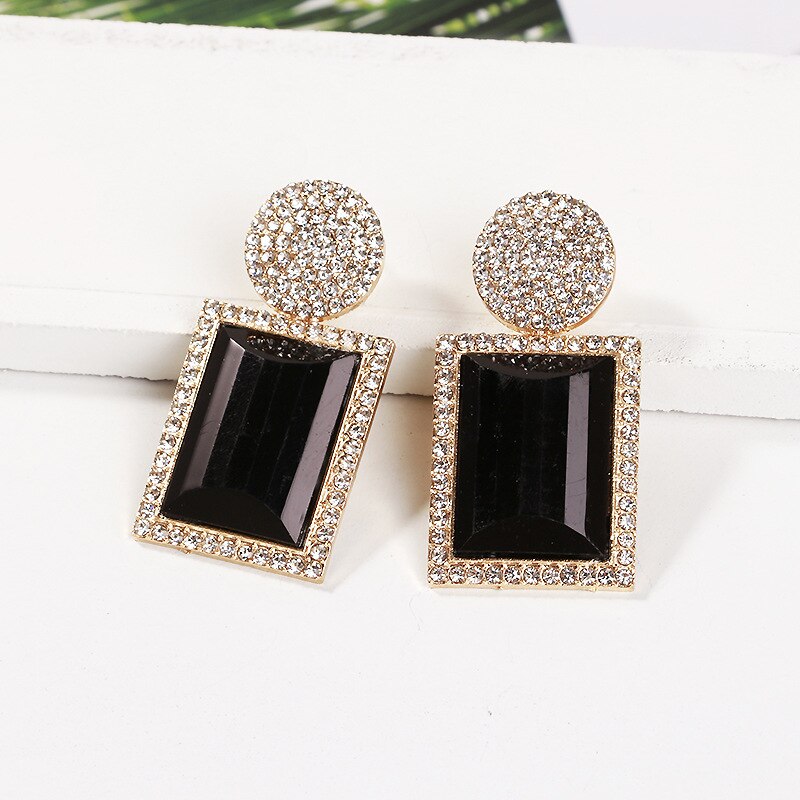 Exknl Luxury Dangle Long Earrings Women Party Square Statement Boho Shiny Crystal Big Earrings Wedding Jewelry: black