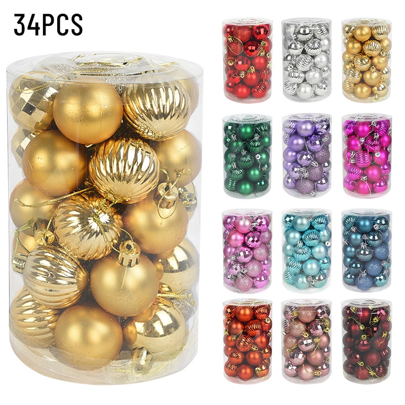 Boules de noël pour décoration de maison, 34 pièces mélangées, pendentifs en plastique, or et argent, fournitures de noël