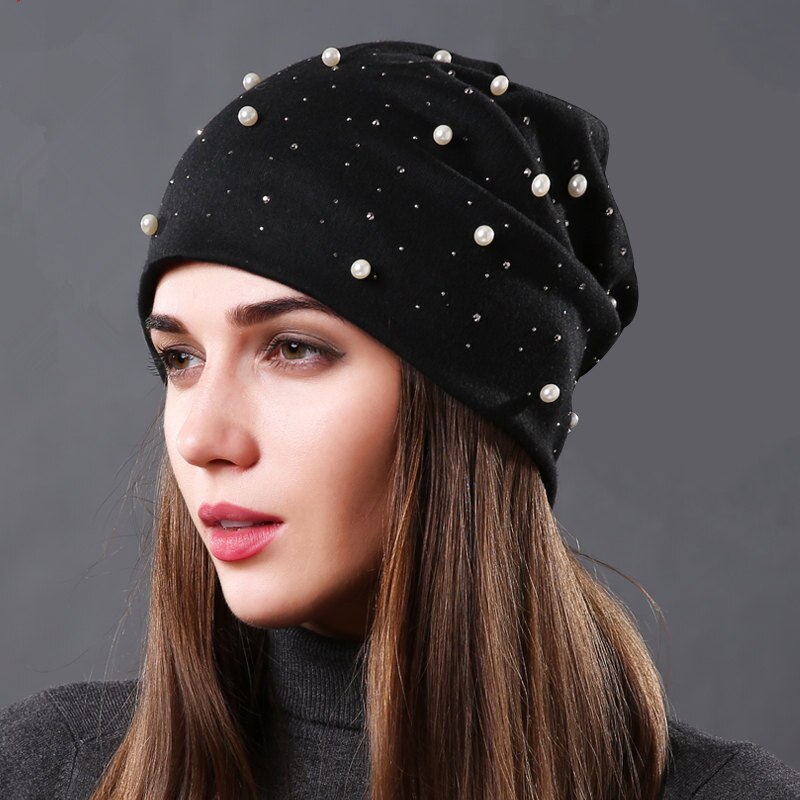 Soft Cotton Autumn Spring Beanie Hats Women Girls Pearl Rhinestones Warm Skullies Caps Turban Bonnet Hat Female Ladies