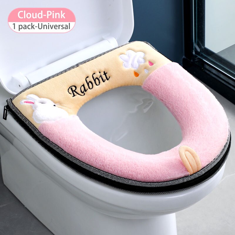 Bathroom Toilet Seat Cover Set Thicken Soft Coral Velvet Rainbow Color Zipper Toilet Case Warm Waterproof WC Potty Cover SWZ024: Strawberry-Pink