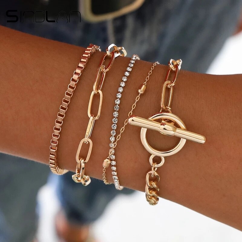 Geometric Simple Gold 6Pcs Couple Bracelet Set for Women Charm Easy Hook Full Crystal Exaggerated Female Hollow Wrist Jewelry