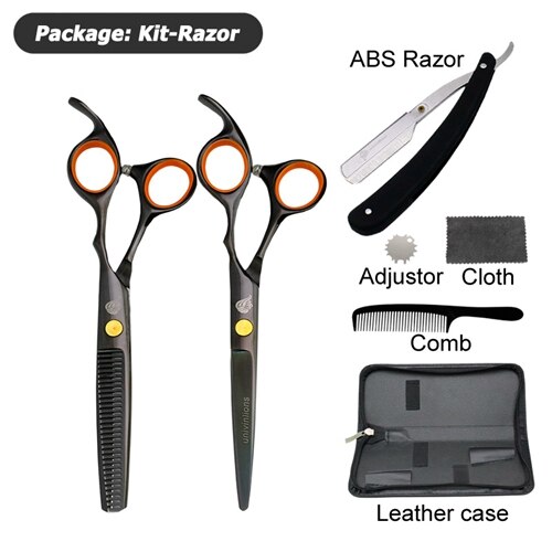Tijeras de pelo de titanio negro de 6 pulgadas, kit de tijeras de peluquería profesionales, tijeras de peluquero, juego de cortapelos, tijeras de adelgazamiento: kit razor