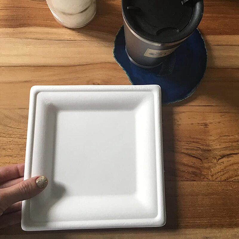 6 Inch Compostable Square Plate50 Sticks Heavy-Duty Sugarcane Disposable Biodegradable Plate, Suitable For Dessert,White