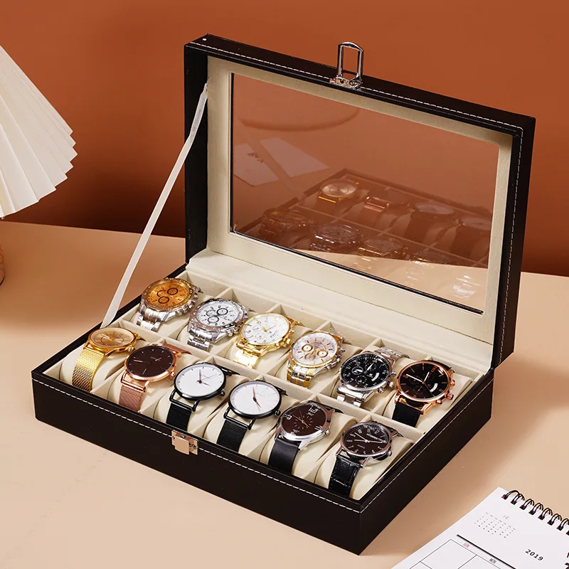 Klokkeboks i skinn, oppbevaringsboks for klokker, armbåndsurdisplay, interiør, landingsdisplay, delikat, enkel