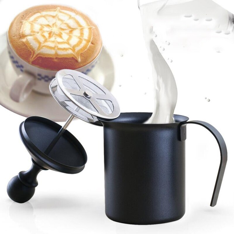 Manuel mælkeskummer rustfrit stål creamer håndpumpe skummer cappuccino latte kaffeskumkande, dobbeltlags filterskærm