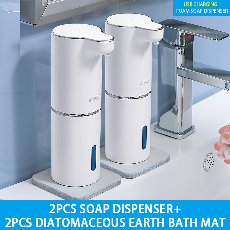 Automatic Foam Soap Dispensers Bathroom Smart Washing Hand Machine With USB Charging White ABS Material: 2pcs mat set