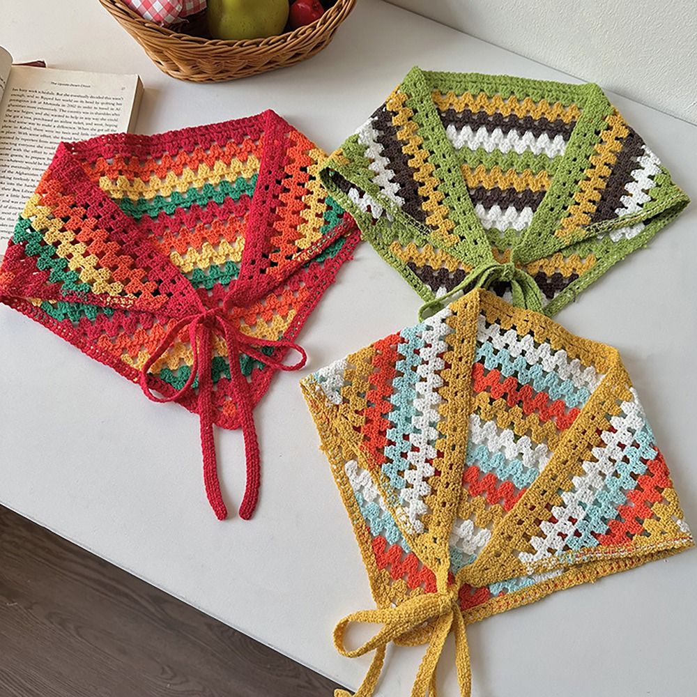 Knitted Headscarf Hat French Pastoral Style Triangle Headband Handmade Crochet Headband Towel Little Flower Headscarf