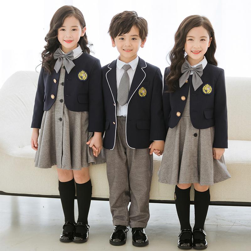 Kinder Herbst Britischen Schuluniform Jungen Mädchen Grau Kleidung Anzug Blazer Mantel Kleid Japan Student Uniform Schule Mädchen Outfit