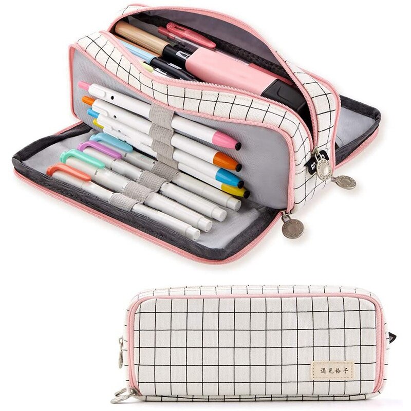 ANGOO Pencil Case Big Capacity 3 Compartments Canvas for Students: as pic