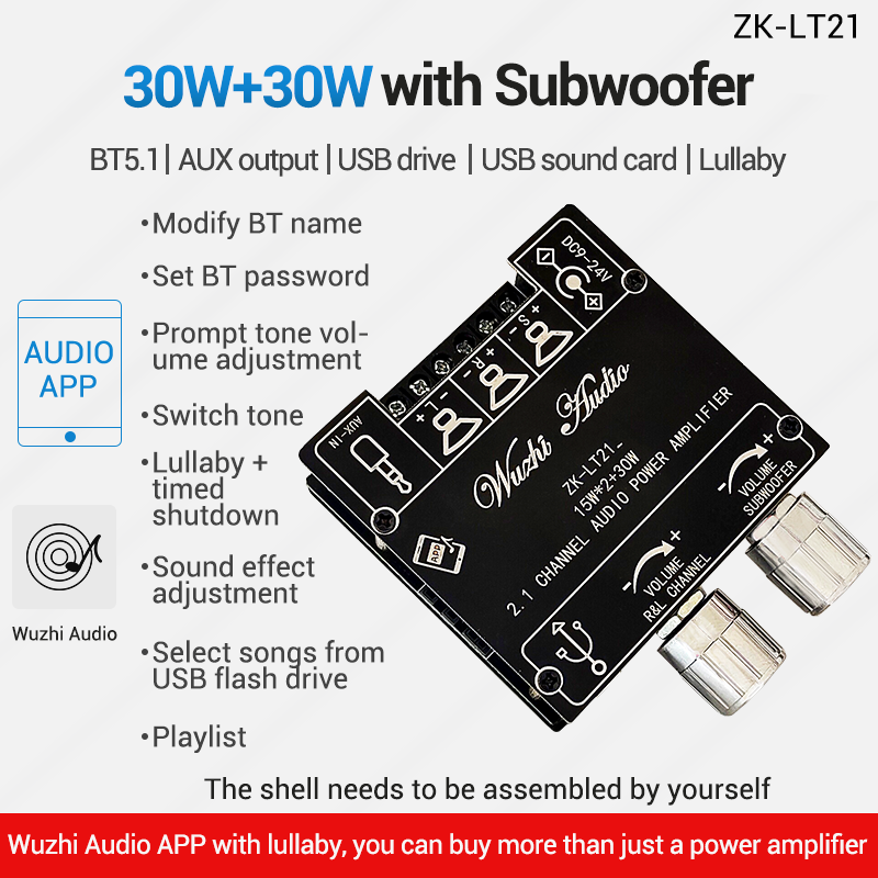 Wzmacniacz Bluetooth Płytka - 5.0 Audio Power Amplificador 2.0 2.1 Subwoofer Stereo 15W 30W Kontrola Bass APP: Srebrny