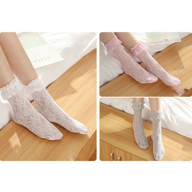 Lolita niñas calcetines de encaje mujeres niñas blanco encaje corto calcetines al tobillo con volantes