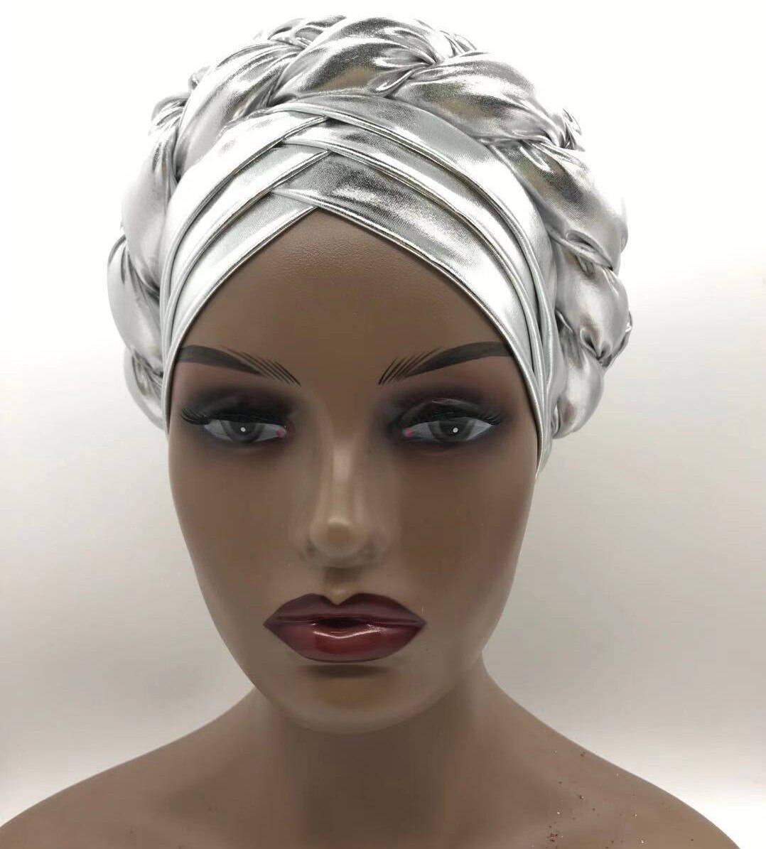 African Braid Turbans For Women Auto Gele Headties Nigerian Female Turban Caps Cross Ready To Wear Head Wraps Bonnet: Silver