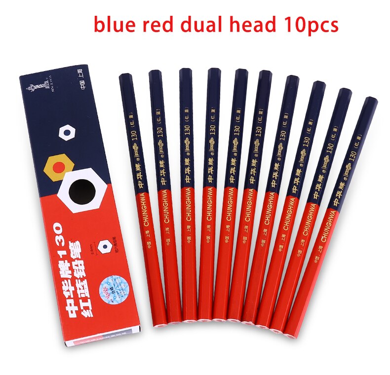 10 stk / sæt blå rød dobbeltfarve specialblyanter fuld rød markør blyant sekskantet træ blyant skolekontorartikler: Dobbelt farve i en pen