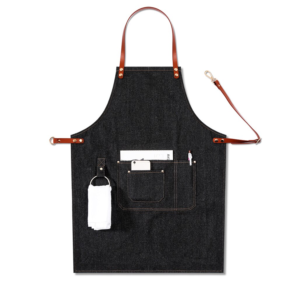 Work Bartender Leather Strap Removable Barista Chef Bib Apron Multi Pocket Casual Denim Uniform Adjustable Baker BBQ: C