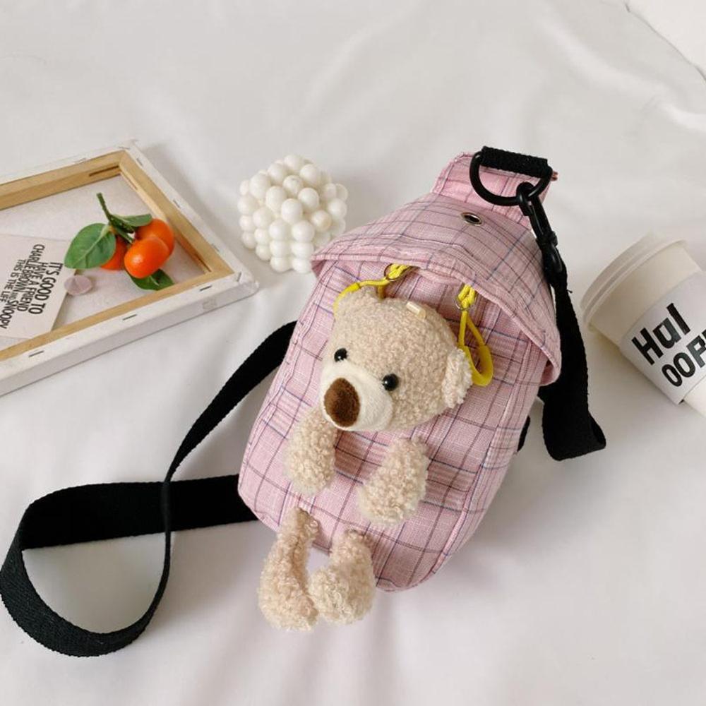 Mode Vrouwen Schattige Beer Gecontroleerd Messenger Tas Dames Canvas Tas Plaid Patroon Borst Tas Schoudertas: Pink