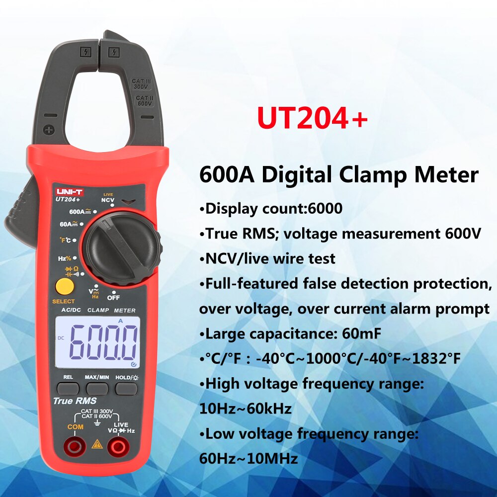 UNI-T Digital Clamp Meter UT201+/UT202+/UT203+/UT202A+/UT204+ True RMS 400-600A Automatic Range High Precision Multimeter Tester: UT204(PLUS)