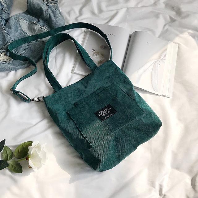 Kvinder corduroy skuldertasker stribet klud stof håndtasker afslappet lynlås tote lærred crossbody taske sød indkøbstaske til damer: Grøn