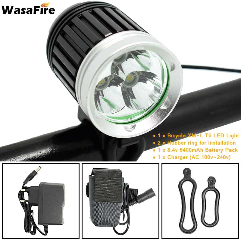 WasaFire 3*XML T6 Bicycle Light 4000 Lumen 3 Modes LED Bike Front Light MTB Bike Headlight Headlamp +18650 Battery Pack+Charger: with 6400mah battery