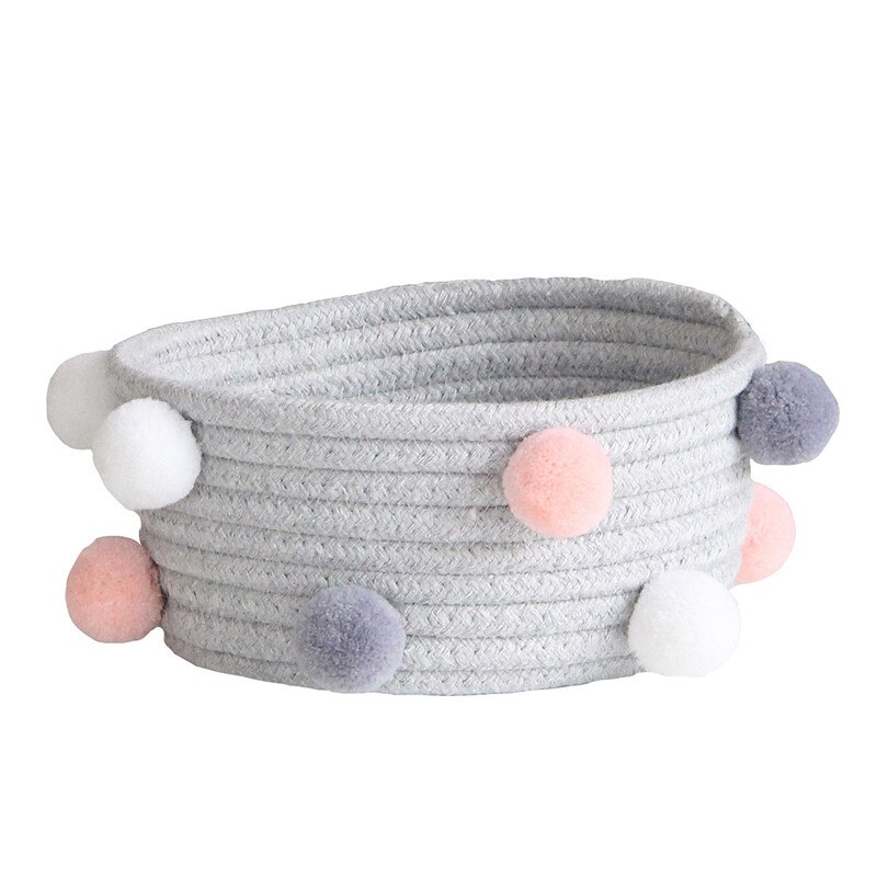 1Stck Baumwolle Pom Lagerung Korb Handarbeit Gewebt Schmutzig Wäsche Korb freundlicher Spielzeug Schreibtisch Kleinigkeiten Organizer: grau