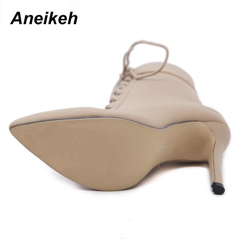 Aneikeh Boots Women Stretch Fabric Cross strap Western Pointed Toe Women's Chelsea Boots Dance High Heel Shoes