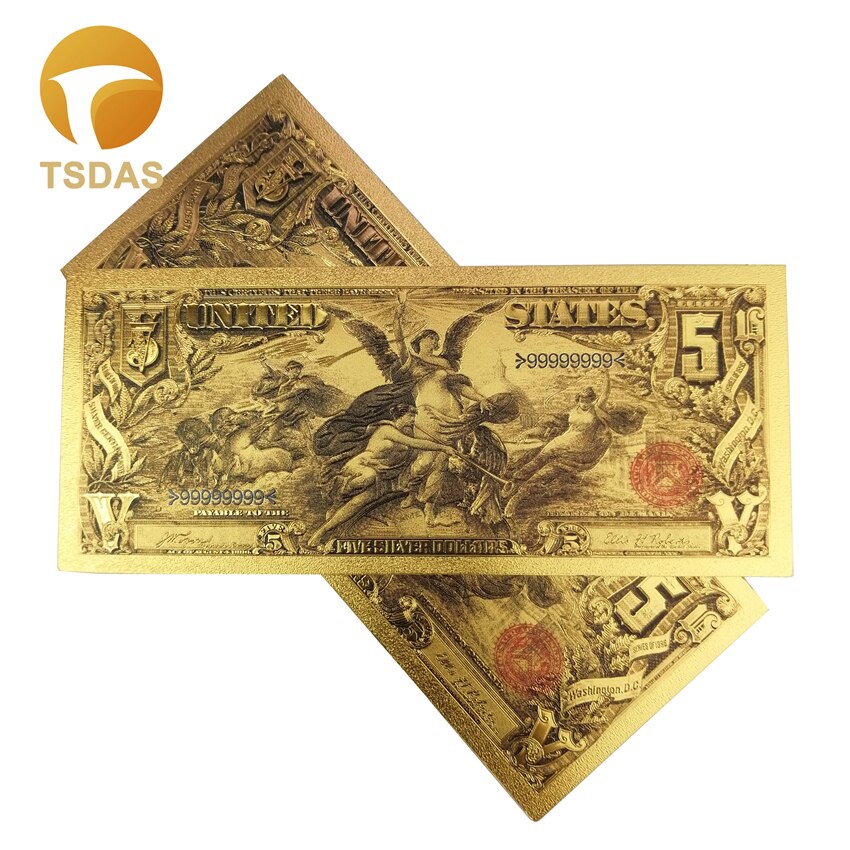 Farverig amerika seddel 5 dollars seddel  in 24k guldfolie belagt til