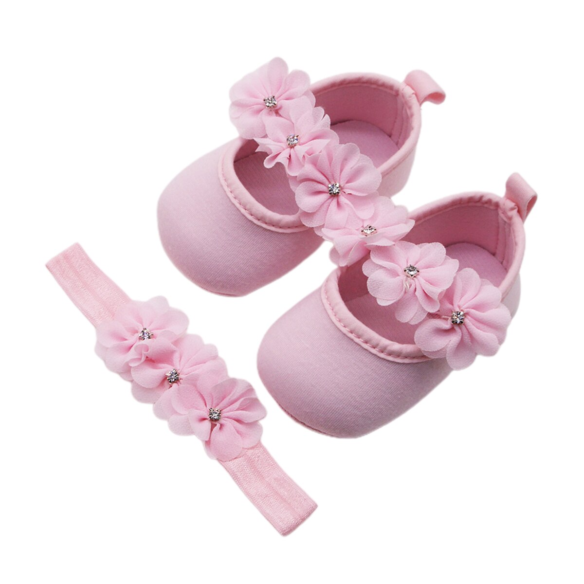 Baby dop skor och pannband set, mjuk sula blommiga mary jane lägenheter och hårband 2 stycke set för spädbarn flickor