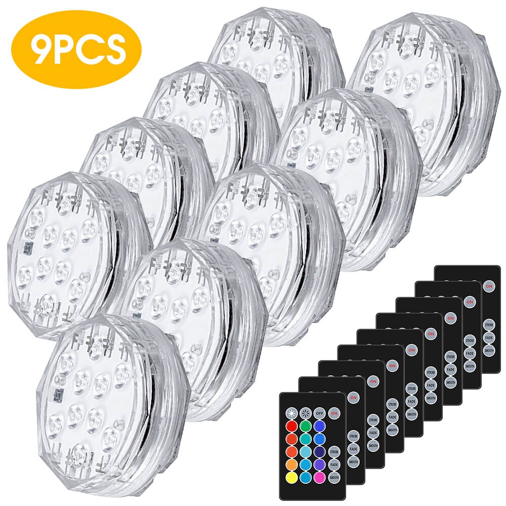 10Led RGB Remote Control Underwater Lights Waterproof Swim Pool Light Submersible Light Decorative Night Lamp Pool Equipment: 9Pcs