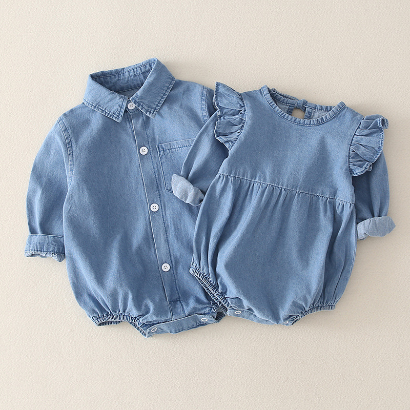 Pasgeboren Kleding 0-18M Lente Baby Meisjes Jongens Lange Mouwen Bodysuits Blauw Denim Korte Mouwen Single Breasted Jongens meisjes Jumpsuits