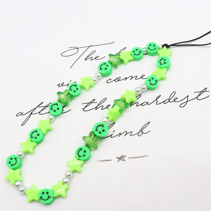 Blauwe Ster Bohemian Kleurrijke Zachte Klei Mobiele Telefoon Keten Voor Vrouwen Acryl Regenboog Keramische Liefde Kristal Kralen Mobiele ph: Rhodium Plated