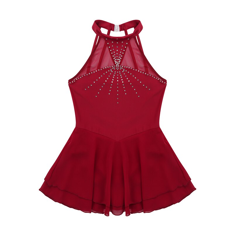 TiaoBug Kids Teens Mouwloze Sparkly Steentjes Mesh Splice Figuur Schaatsen Jurk Meisjes Ballet Gymnastiek Turnpakje Dans Slijtage