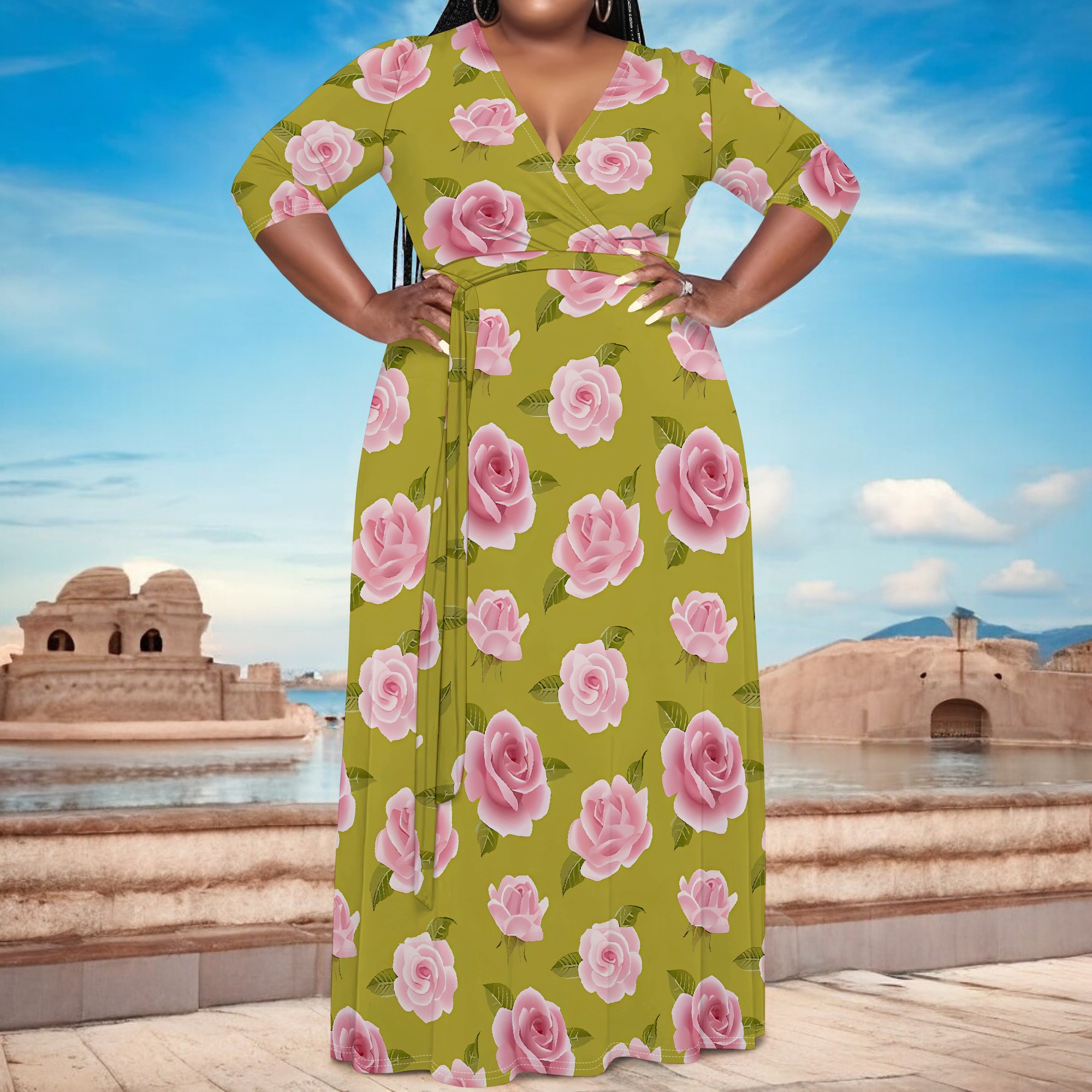 Plus size grøn blomsterprint slå-om maxikjole til kvinder sommer afslappet ferietøj