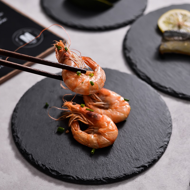 Round Natural Slate Dinner Plate Kitchen Steak Pasta Sushi Dish Restaurant Food Saucer Dessert Cake Pizza Fruit Tray Tableware