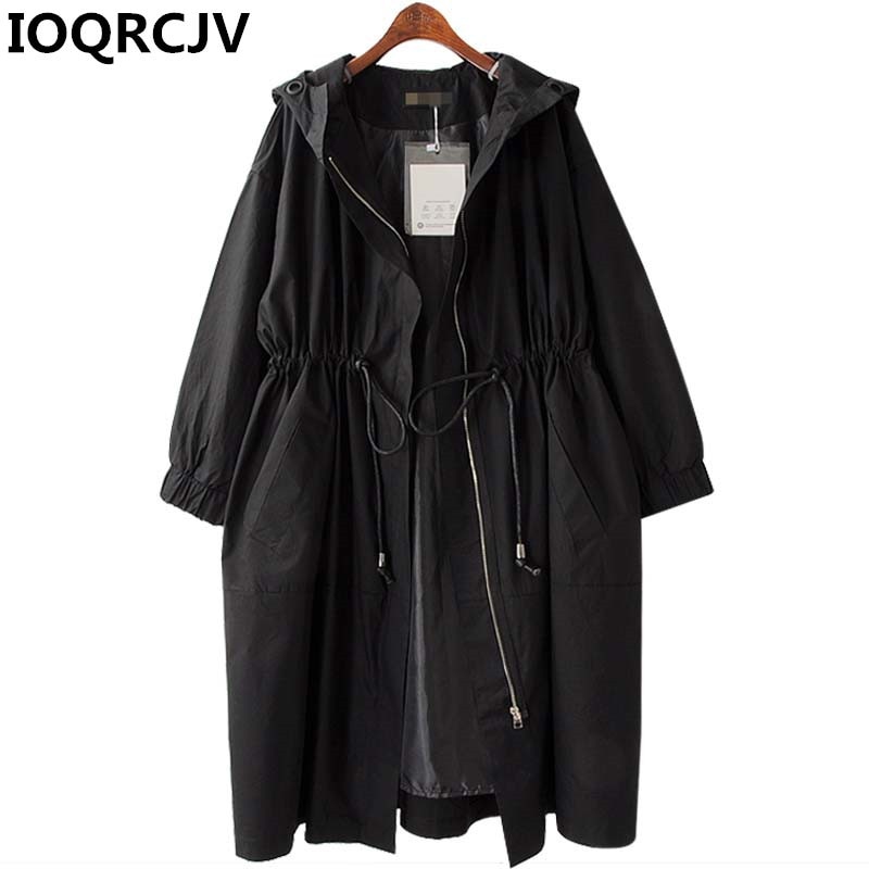 Gabardina larga con capucha para mujer, abrigo informal negro, talla grande 3XL, 4XL, R793, novedad de primavera y otoño de