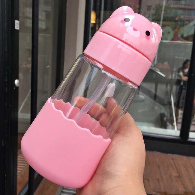 320ML Glass Baby Feeding Bottles BPA Free Anti-colic Baby Milk Bottle with Straw for Infants Feeding School Kids Bottle: Pink Bear