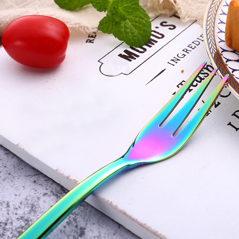 Rainbow Fork Dessert Cake Fruit Forks Three Tines Long Handle Tea Fork set Kitchen Cutlery Stainless steel Dinnerware Xmas
