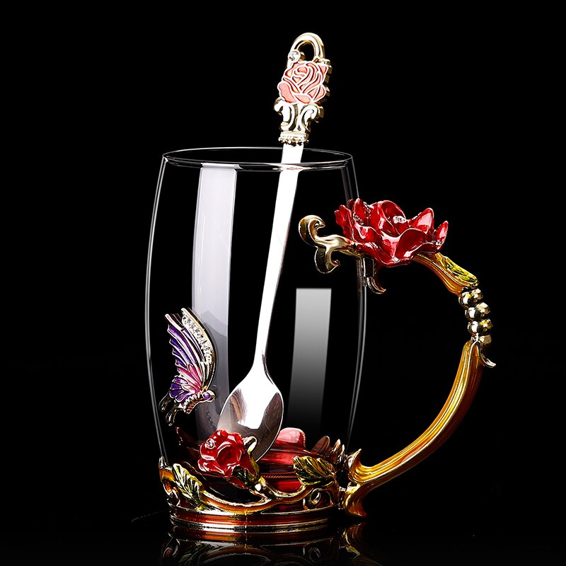 Glass Coffee Mug Tea Cup Enamel Crystal Flower High-grade Handgrip for Lover Wedding R2078: Red 4