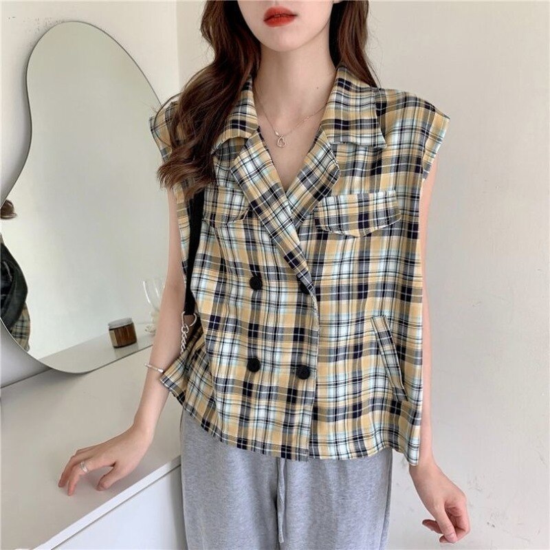 Vesten dames geruite losse inkepingen dubbelrijs chic studenten zomerjassen mouwloos all-match streetwear dames