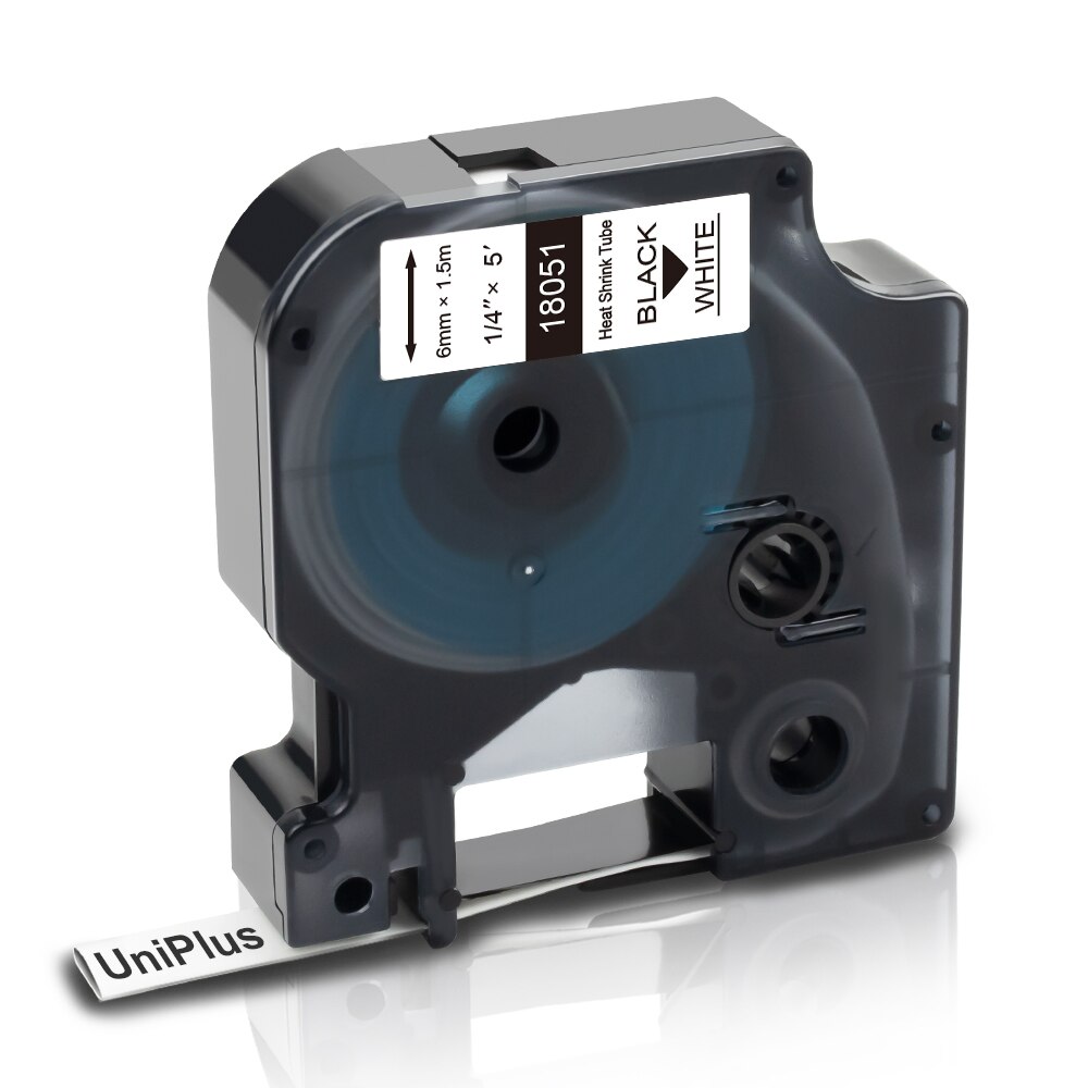 Uniplus 18051 krympeslange-kompatibel dymo rhino labelbånd 6mm sort på hvidt kabelbånd 4200 5200 6000 6500 label maker