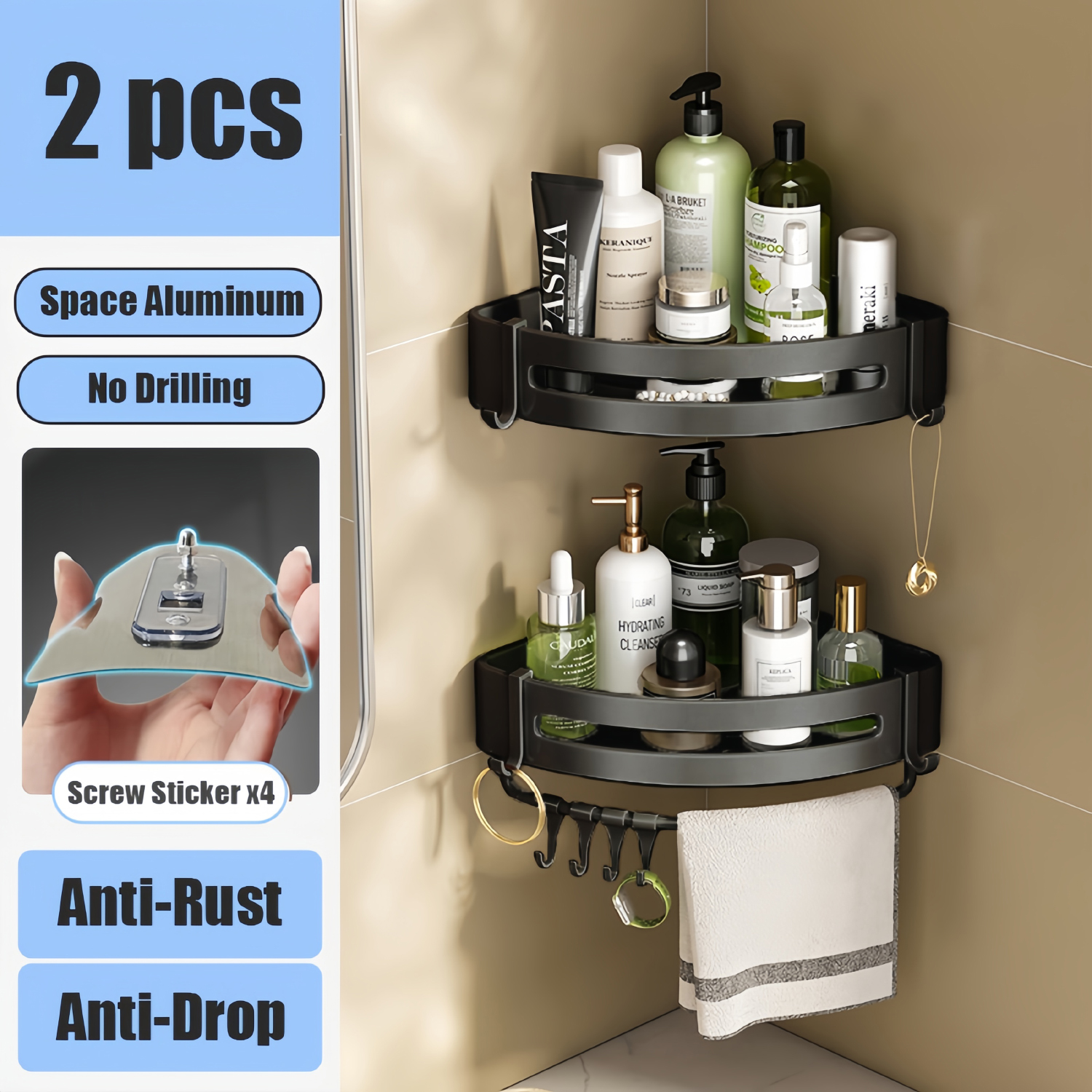 Badkamerplank Geen oefening Muur gemonteerd Shampoo -fles Douche hoekrek Toilet Opslagrek Aluminium Badkamer keukenaccessoires: Black