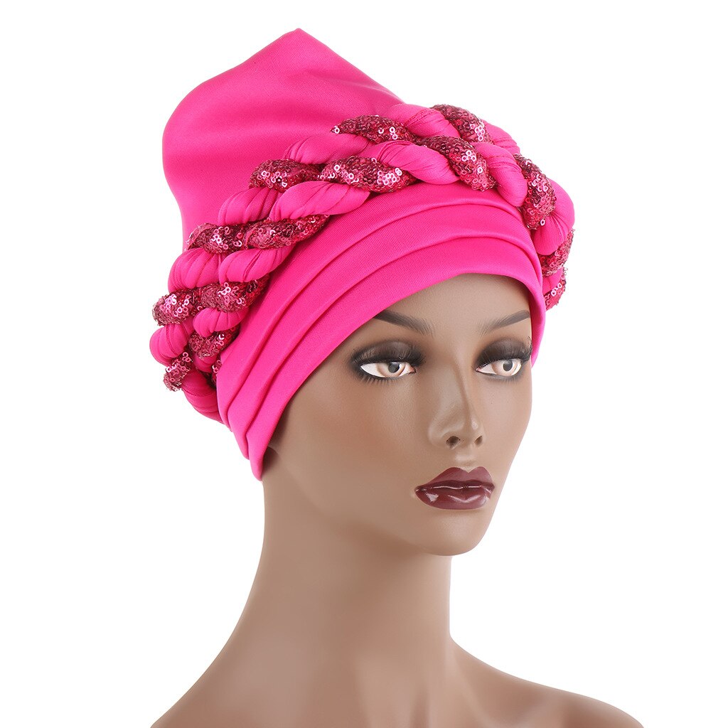 Couvre-chef africain en paillettes pour femmes, Turban, Bonnet musulman, prêt à porter, Hijab, chapeau de mariage: rose red