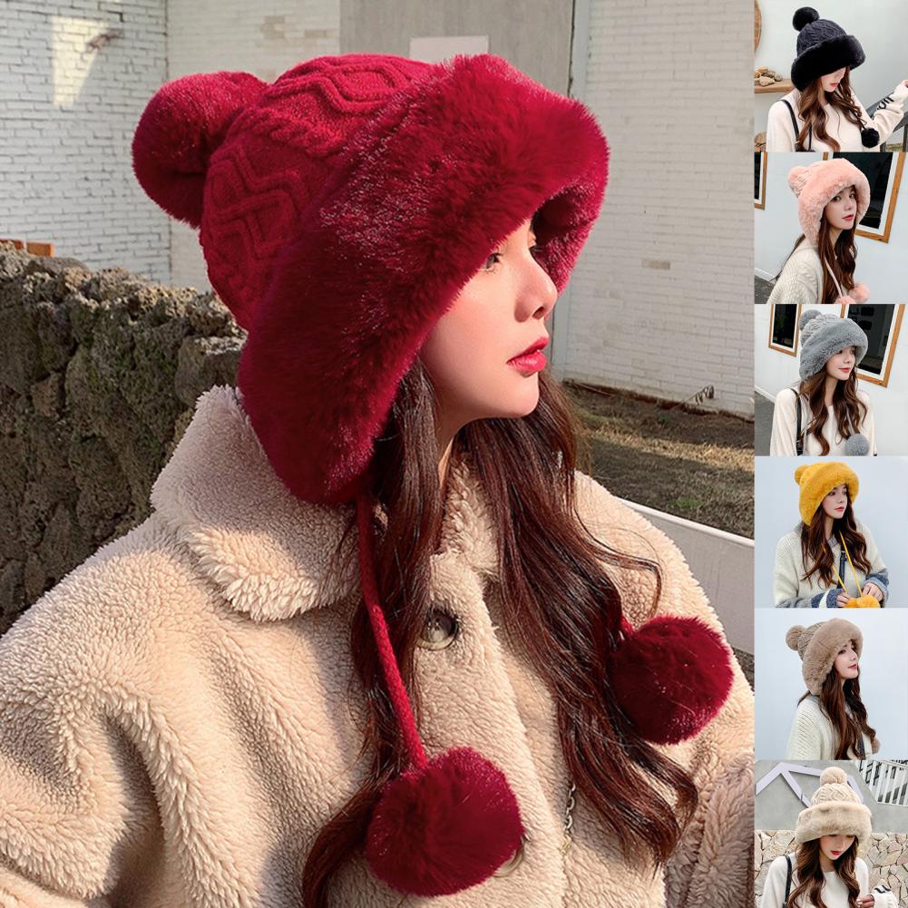 Lady Simple Cute Knitting Cap Female Women Cap Three Plush Balls for Dating