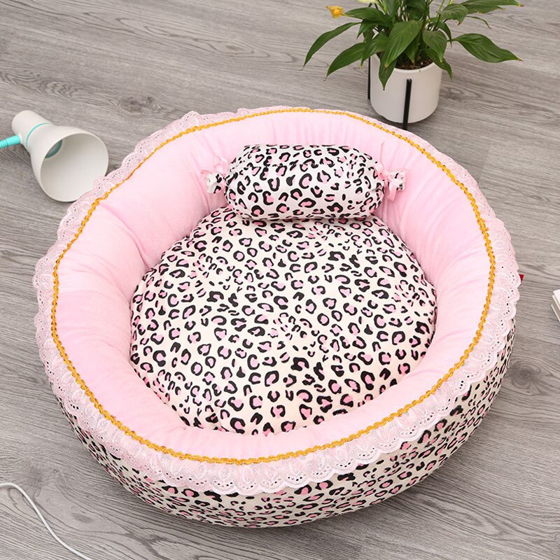 Korea stil prinsesse hund kat seng lyserød leopard kæledyr hus sovepose hundeseng med pude hvalpepude kennel sofa cama perro: Cirkulær pet waterlo / 40cm
