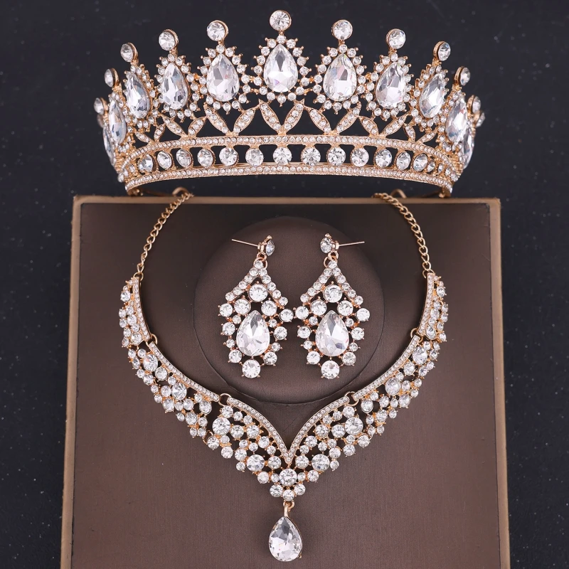 Ensemble de bijoux en biscuits pour patients, couronne en cristal, collier, boucles d'oreilles baroques, accessoires pour cheveux de mariage, de bijoux, 3 pièces: Black