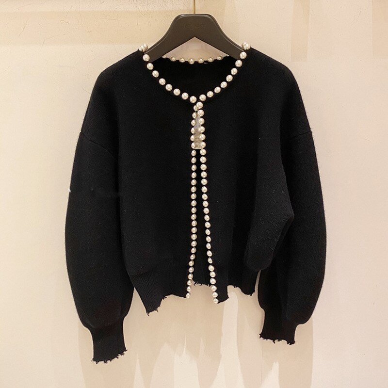 Chaquetas coreanas de para mujer, cárdigan con perlas, manga de murciélago, abrigo de punto de lana Vintage, chaqueta de , AQ927,